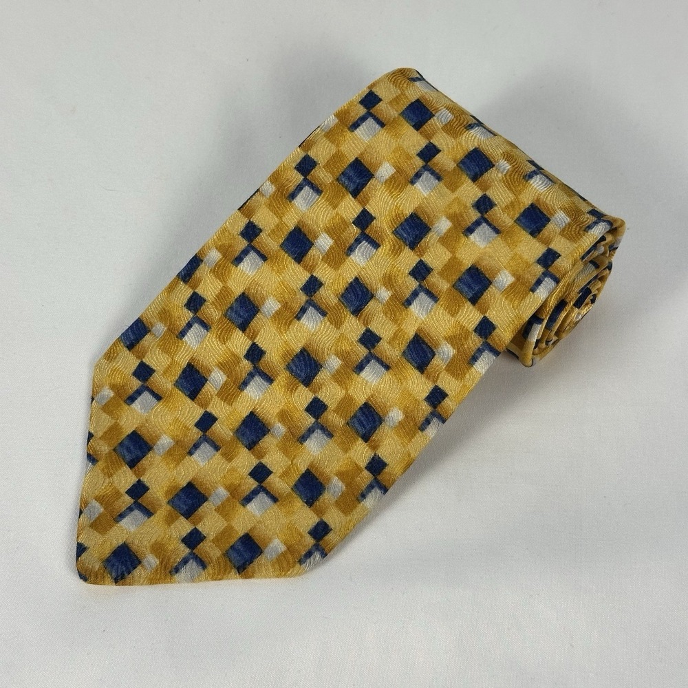 Alfani Silk Tie Yellow Navy White Square Geometric Made In USA 3.75"W 57"L